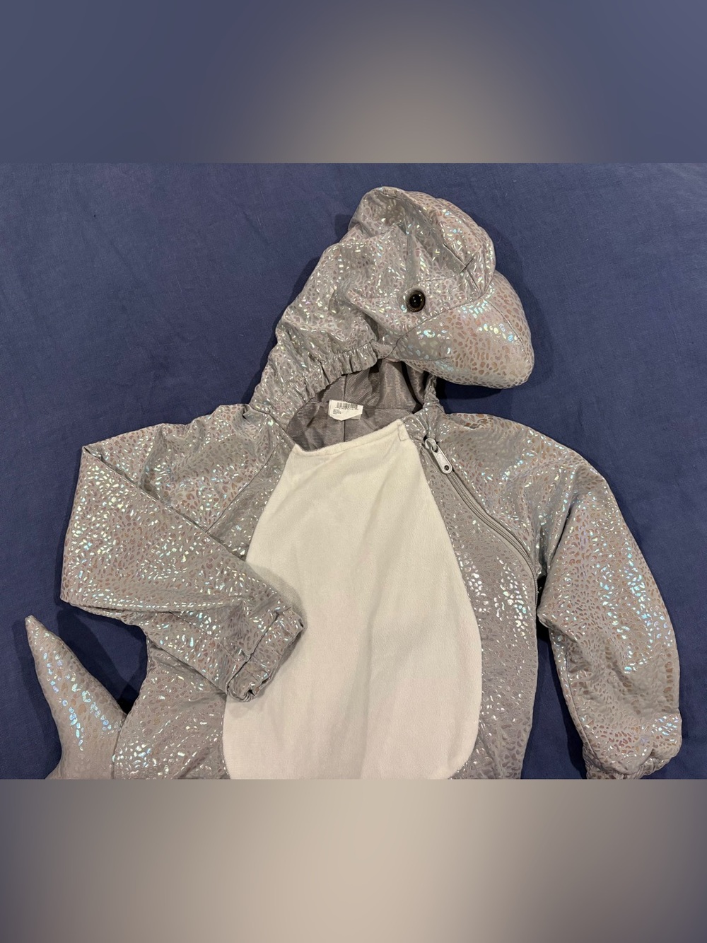 Kids Sparkly Shark Costume - Onesie with Hoodie - Silver/White